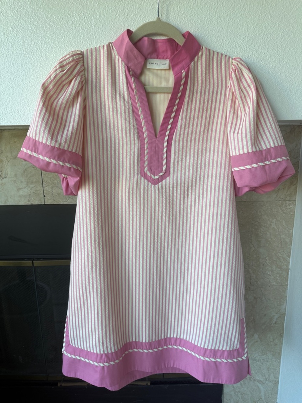 entro Pink and Cream Striped Puff Sleeve Tunic Dress New